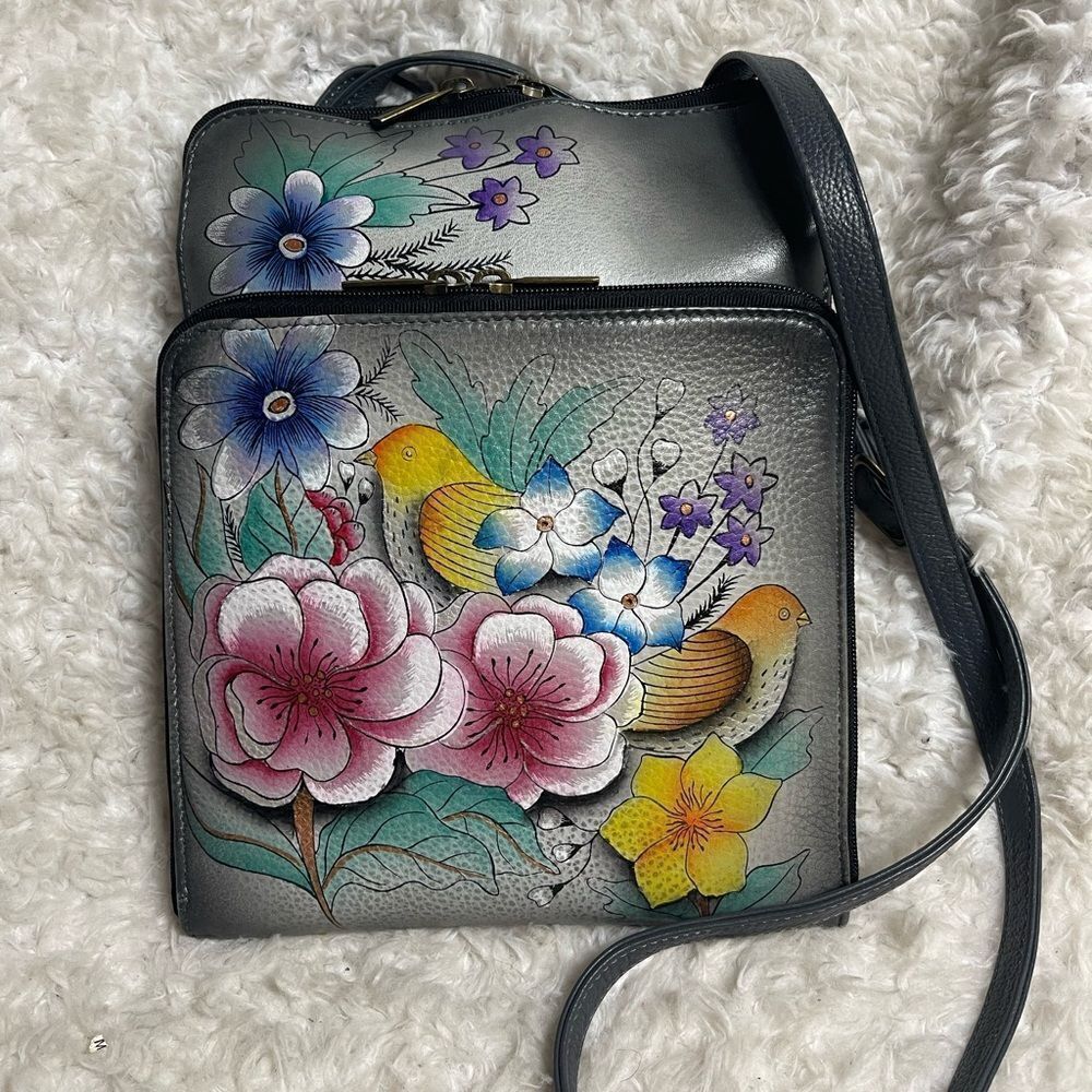 Anuschka Floral & Birds Gray Hand Painted Leather expanded Crossbody .